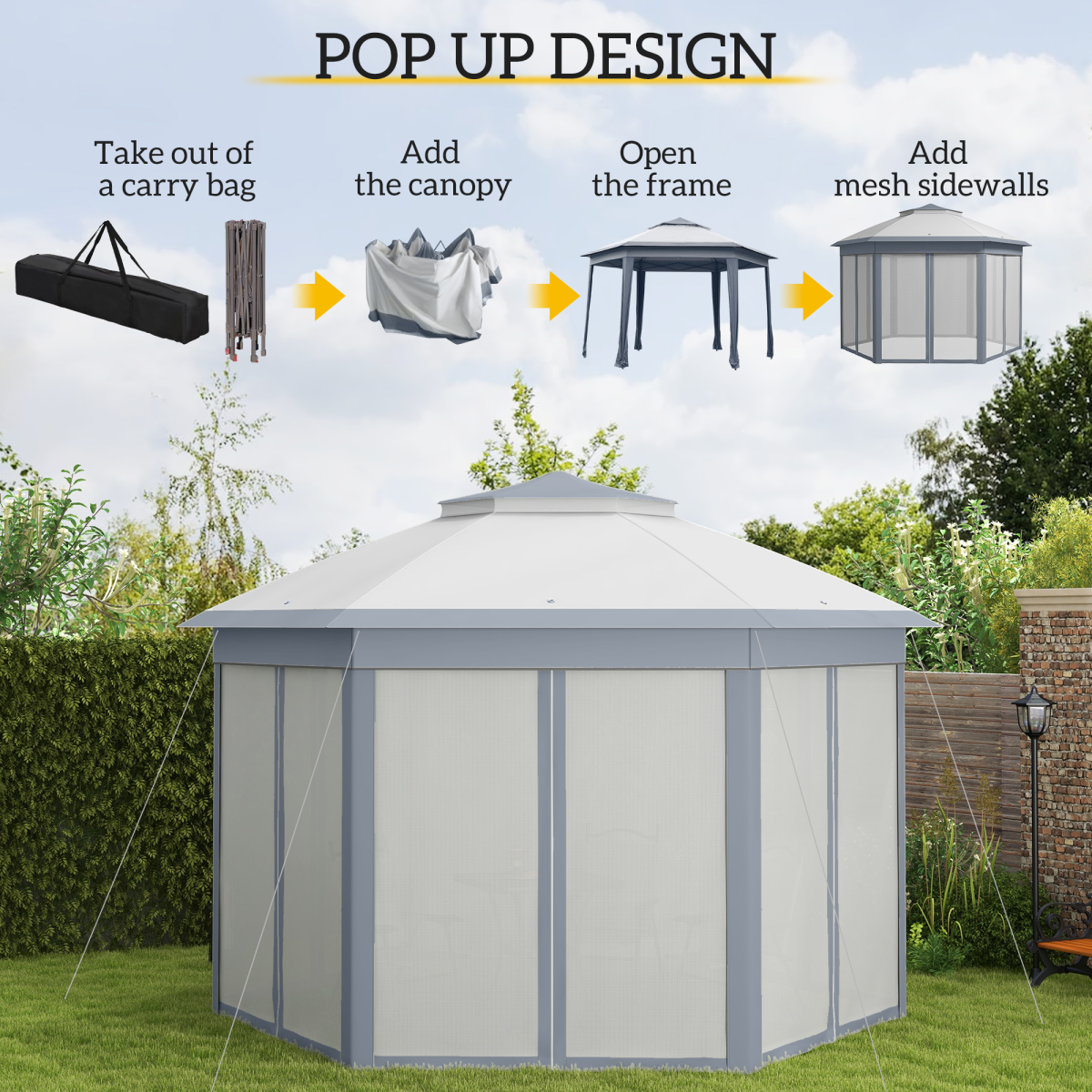 Outsunny Hexagon Pop Up Gazebo with Double Roof and Mesh Curtains, 4m x 4m, Grey