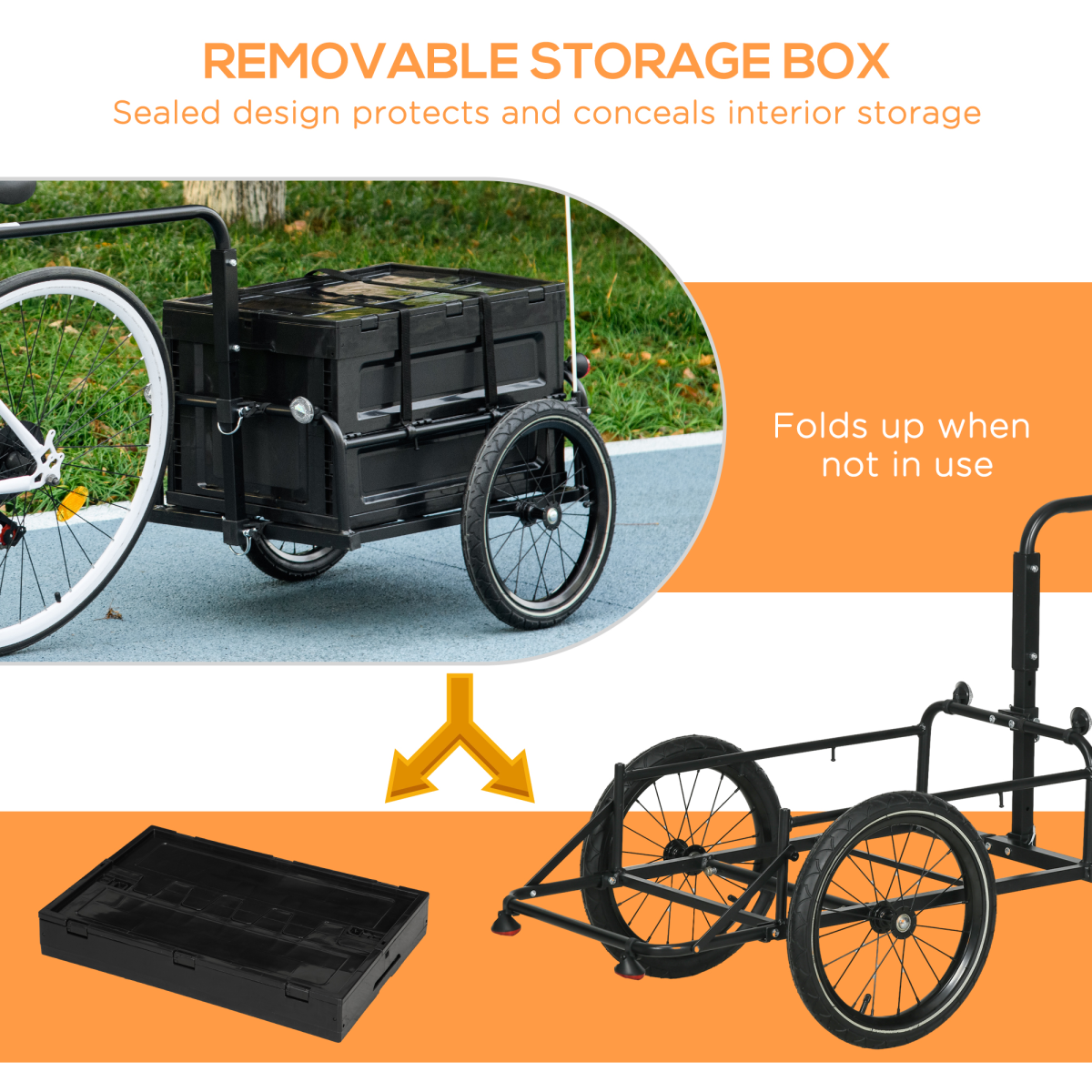 HOMCOM Bicycle Trailer with 65L Foldable Storage Box, Pneumatic Tyres and Quick-Release Wheels, Black
