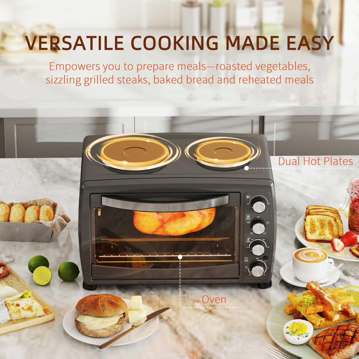HOMCOM 36L Countertop Toaster Oven with Dual Hot Plates, 2600W