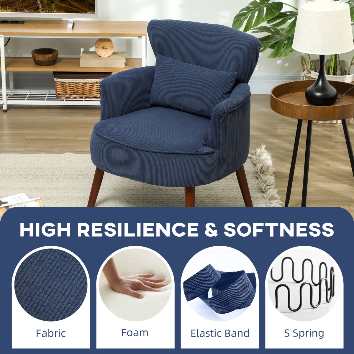 HOMCOM Blue Corduroy Wingback Armchair with Padded Seat & Backrest