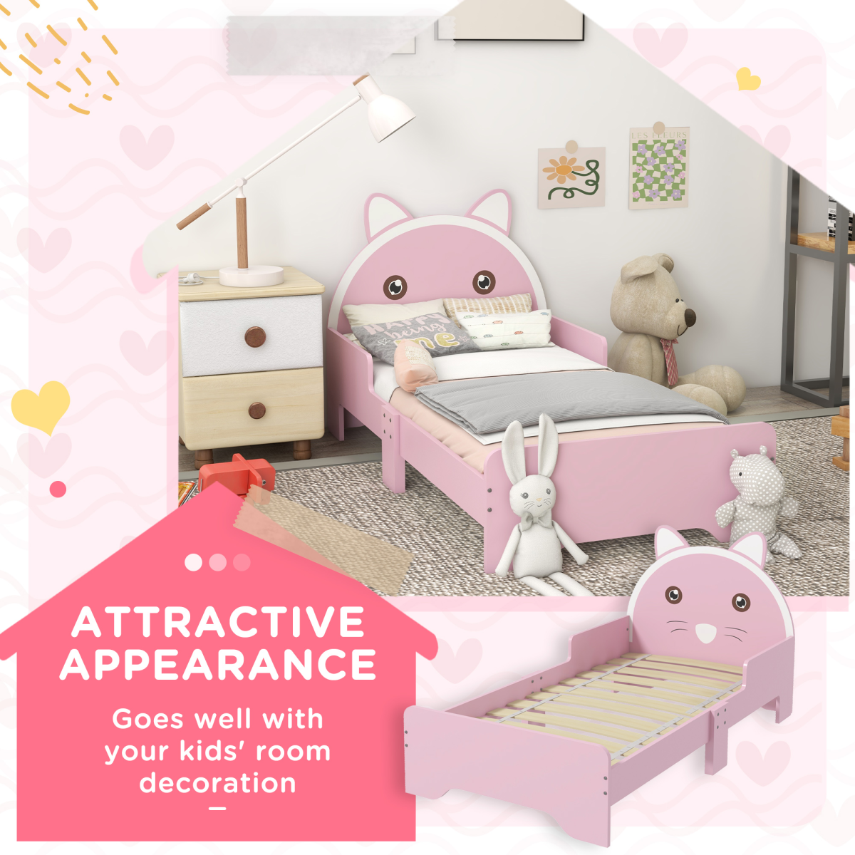 ZONEKIZ Toddler Bed Frame, Cat Design Kids Bed with Guardrails, Pink