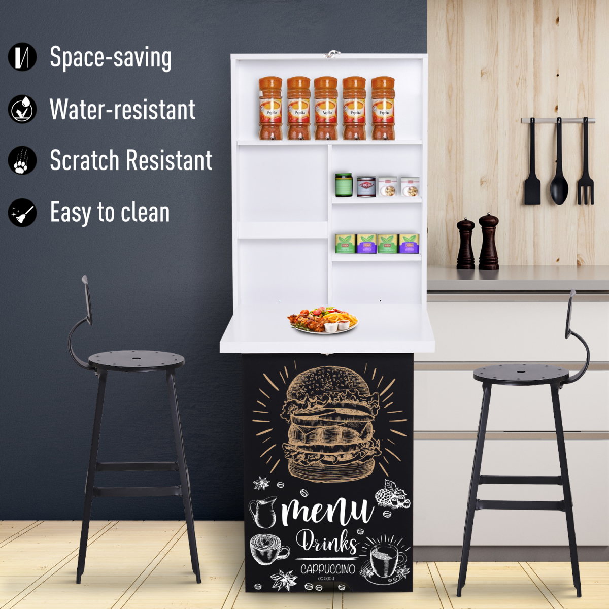 HOMCOM White MDF Wall-Mounted Folding Drop-Leaf Table with Chalkboard Shelf