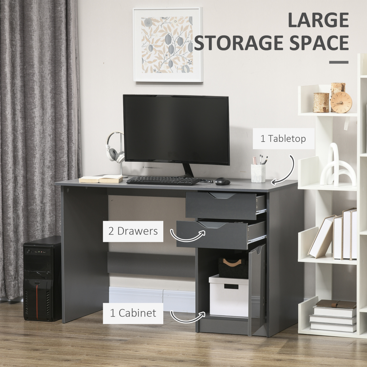 HOMCOM Grey Computer Desk with 3 Drawers, Modern Workstation for Study and Office