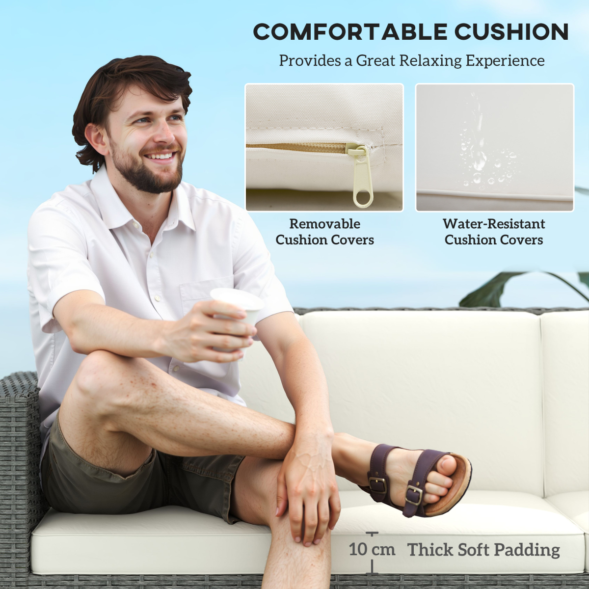 Outsunny 3-Seater PE Rattan Patio Sofa with Cushions, Cream