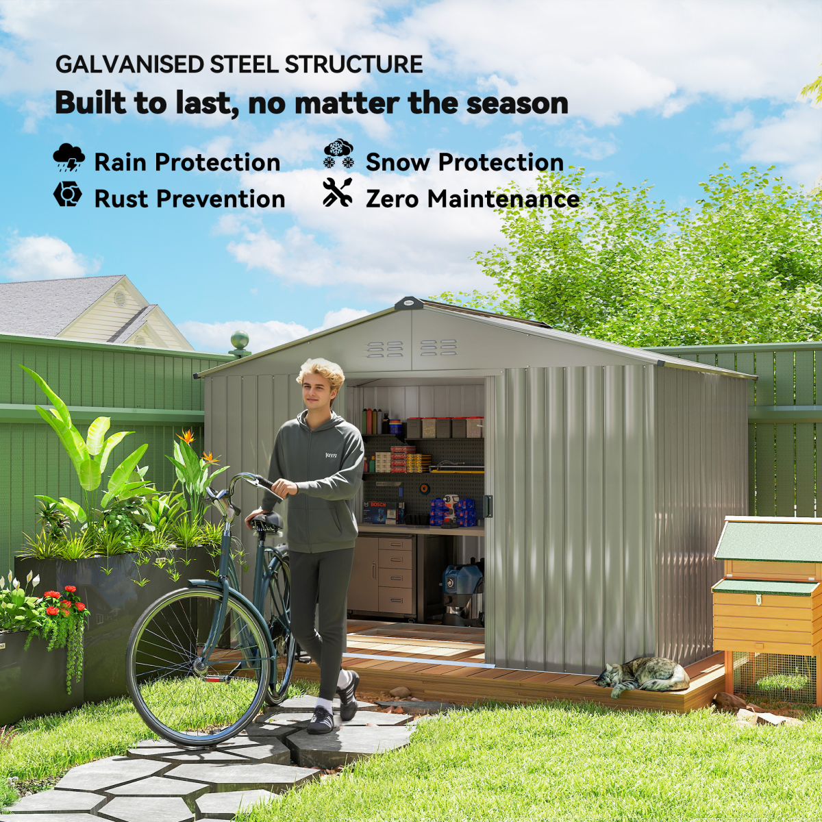Outsunny 9 x 6FT Galvanised Steel Garden Storage Shed, Sliding Door, Grey