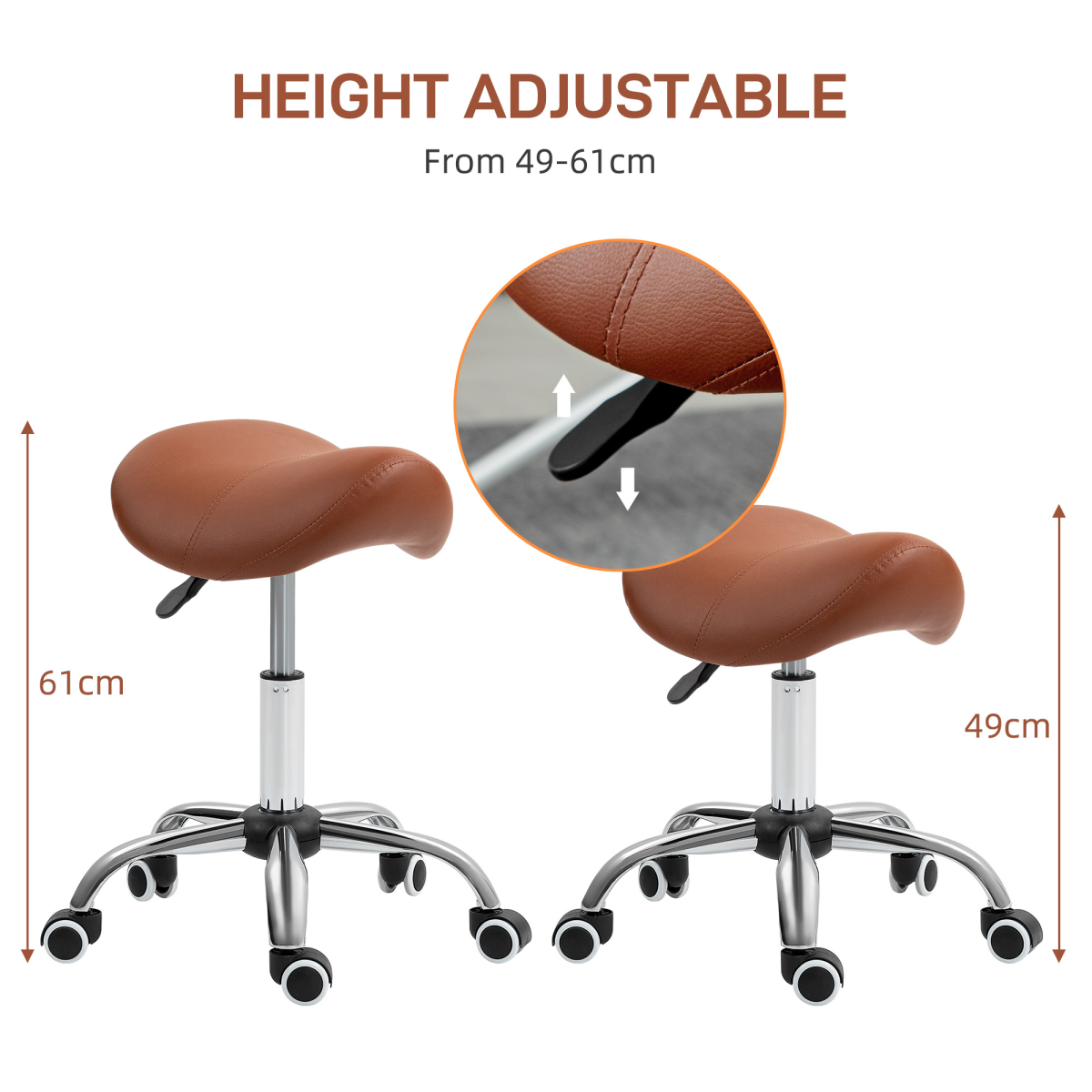 HOMCOM Adjustable Saddle Stool with Padded PU Leather Seat - Brown