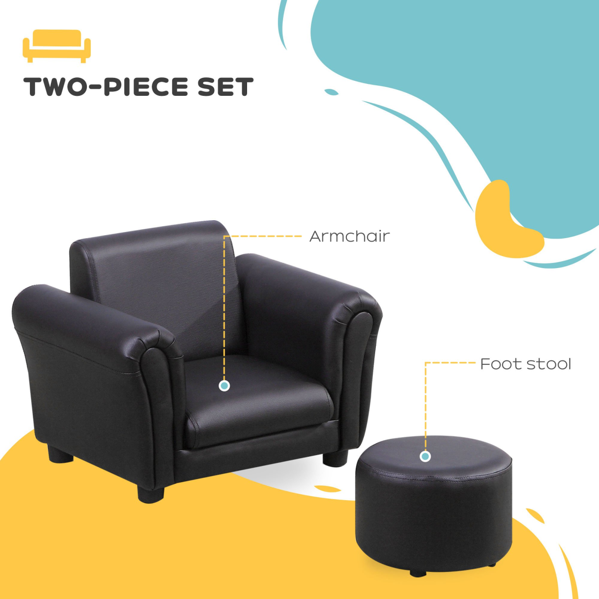 HOMCOM 2-Piece Kids Sofa Chair and Footstool Set, Black