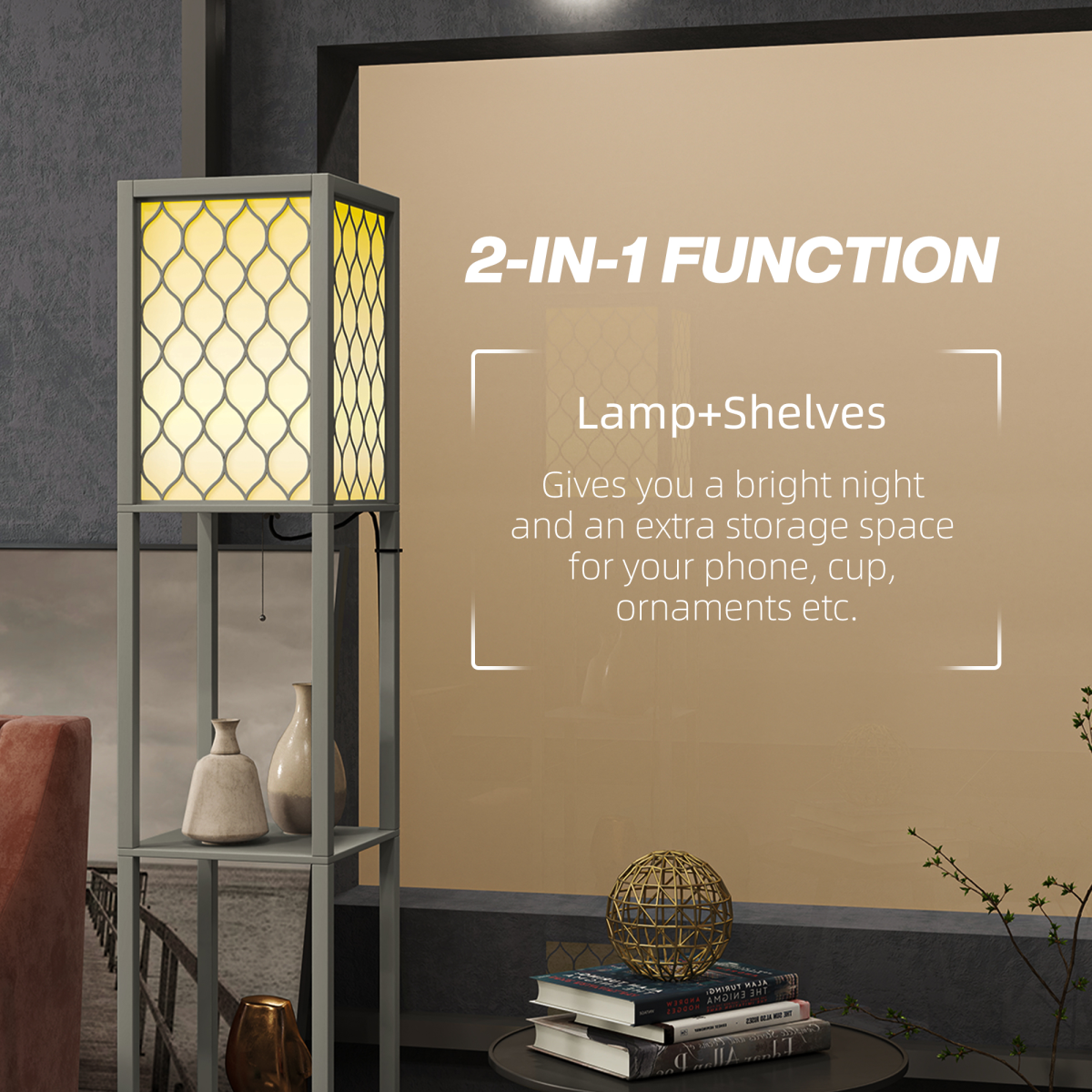 HOMCOM 2-Light Modern Floor Lamp with Shelves, Light Grey