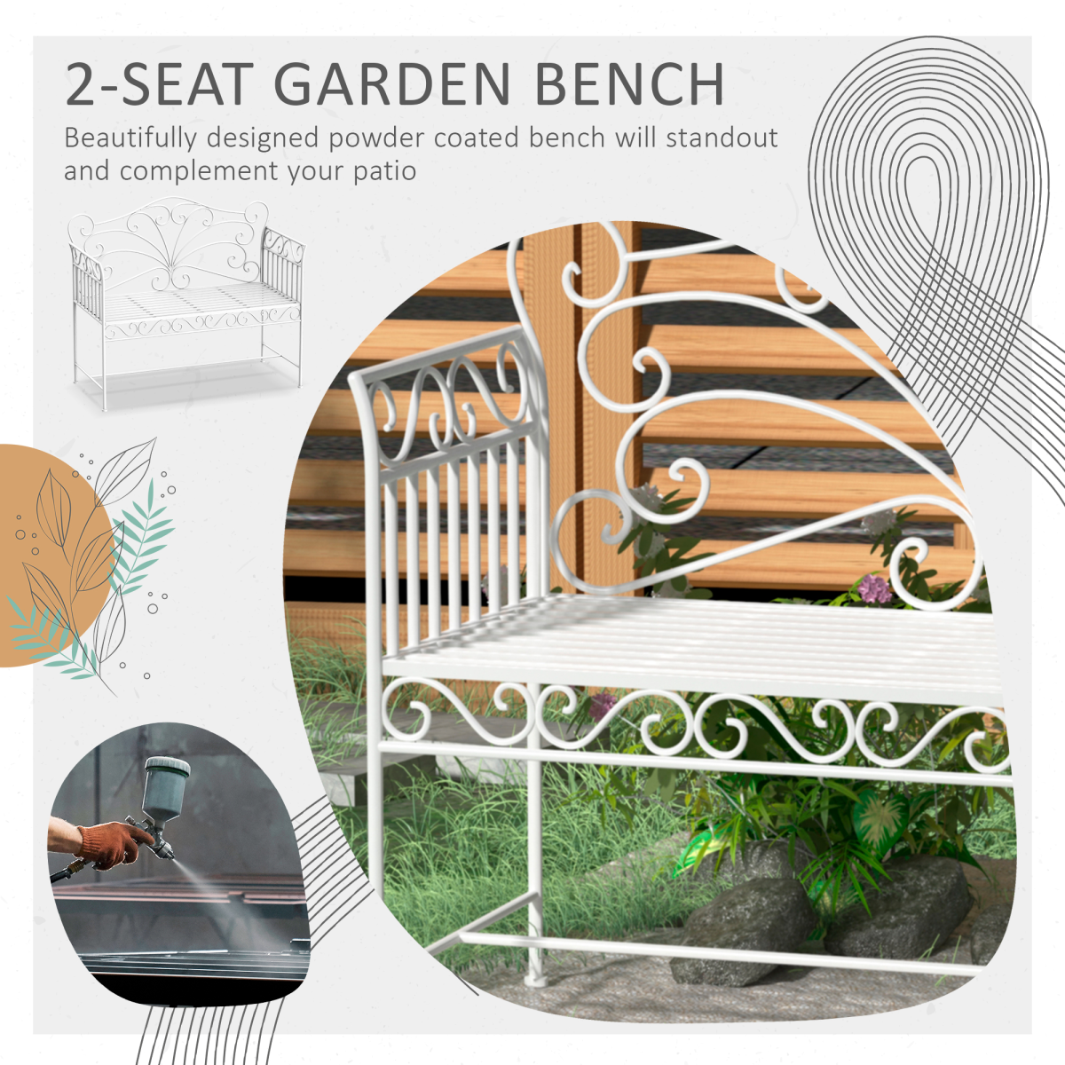 Outsunny 2-Seater White Metal Garden Bench with Backrest