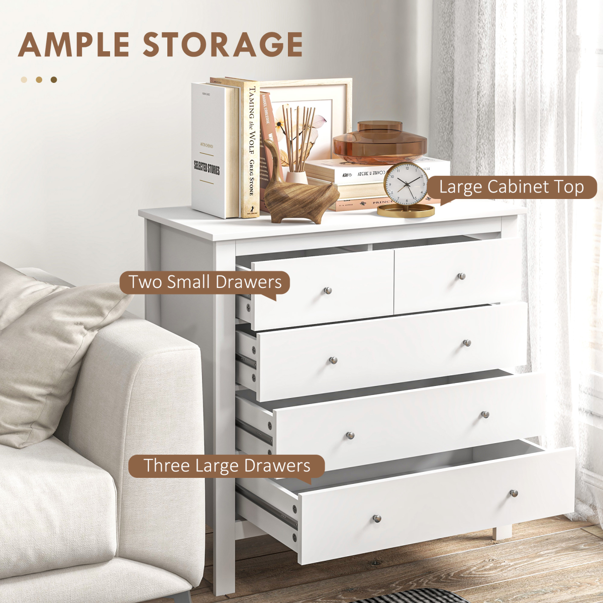 HOMCOM Modern 5 Drawer Chest of Drawers Storage Cabinet, White