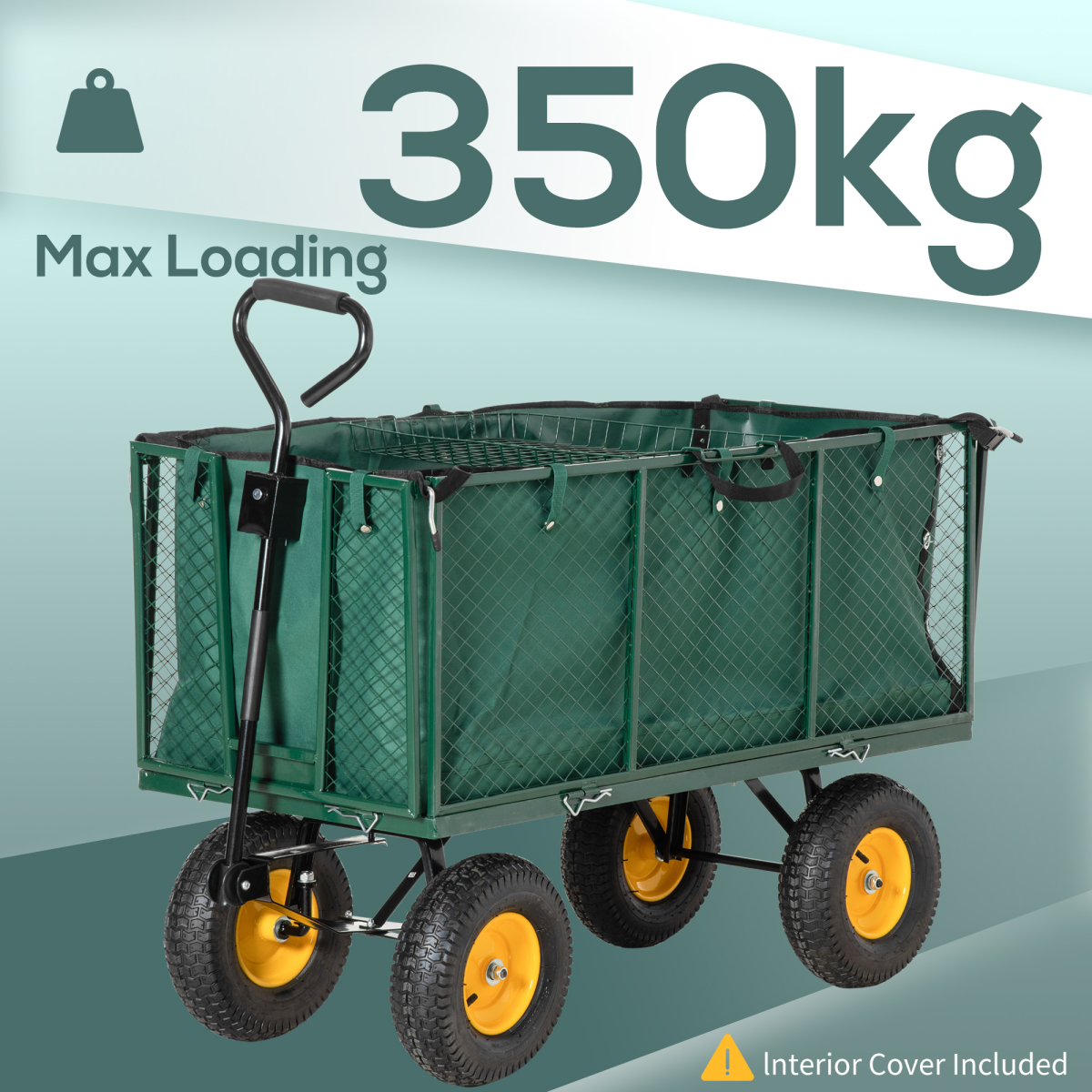 Outsunny Large 4 Wheel Garden Cart Truck Trolley with 342L Removable Fabric Bag, Removable Shelf, 350kg Load Capacity - Green