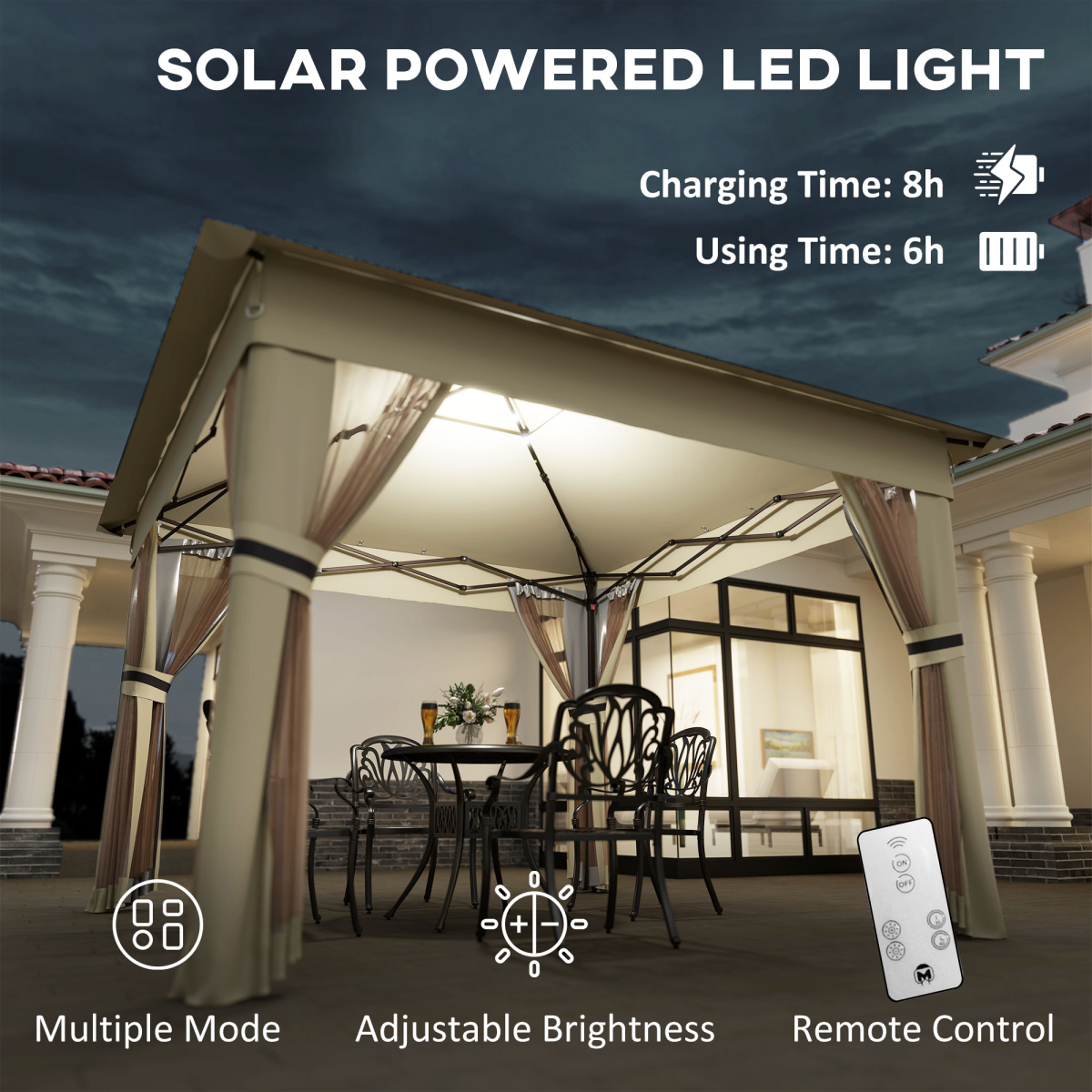 Outsunny 3x3(m) Pop Up Gazebo w/ Solar-Powered LED Lights Curtain Netting Khaki