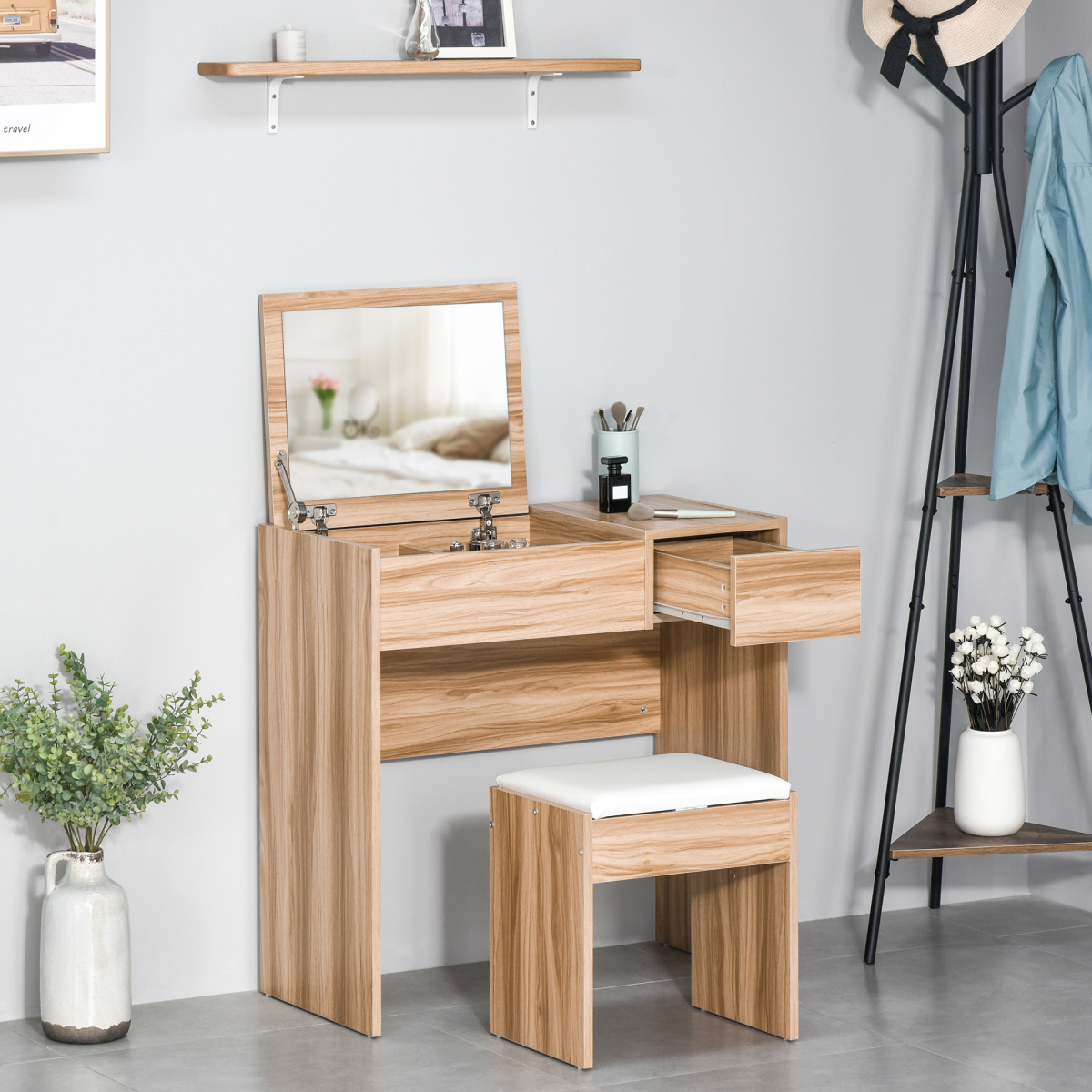 HOMCOM Dressing Table with Flip-Up Mirror, Hidden Storage, Slide-Out Drawer and Padded Stool
