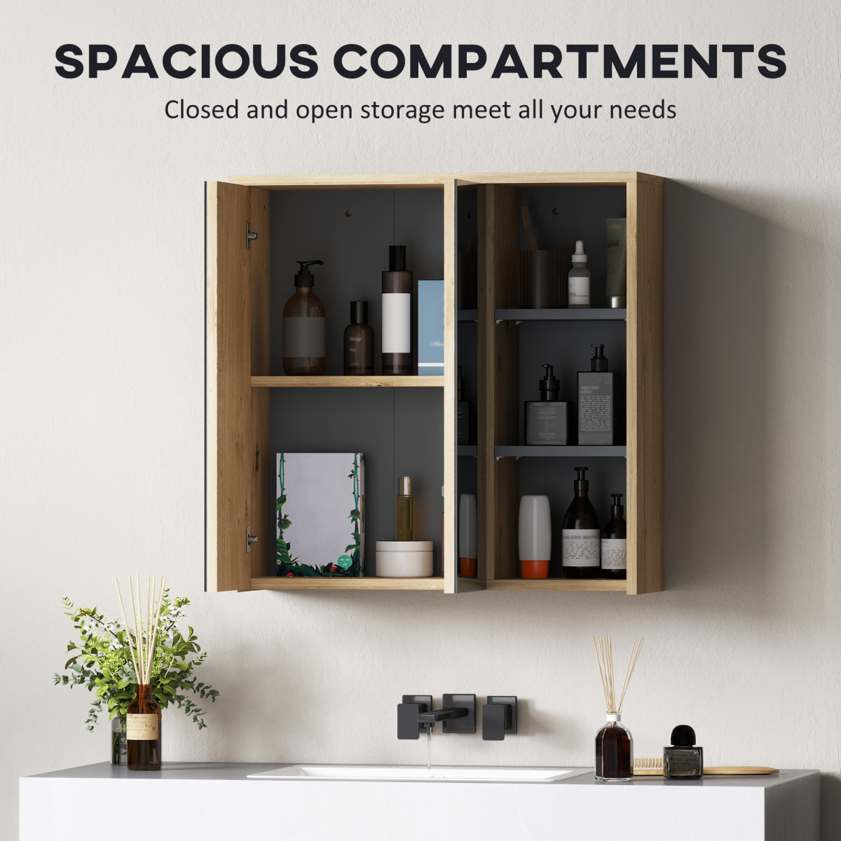 HOMCOM Wall Mounted Bathroom Mirror Cabinet with 5 Shelves, Natural