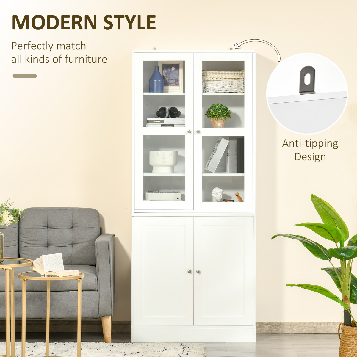 HOMCOM Modern Bookcase Storage Cabinet with Glass Doors, Adjustable Shelves