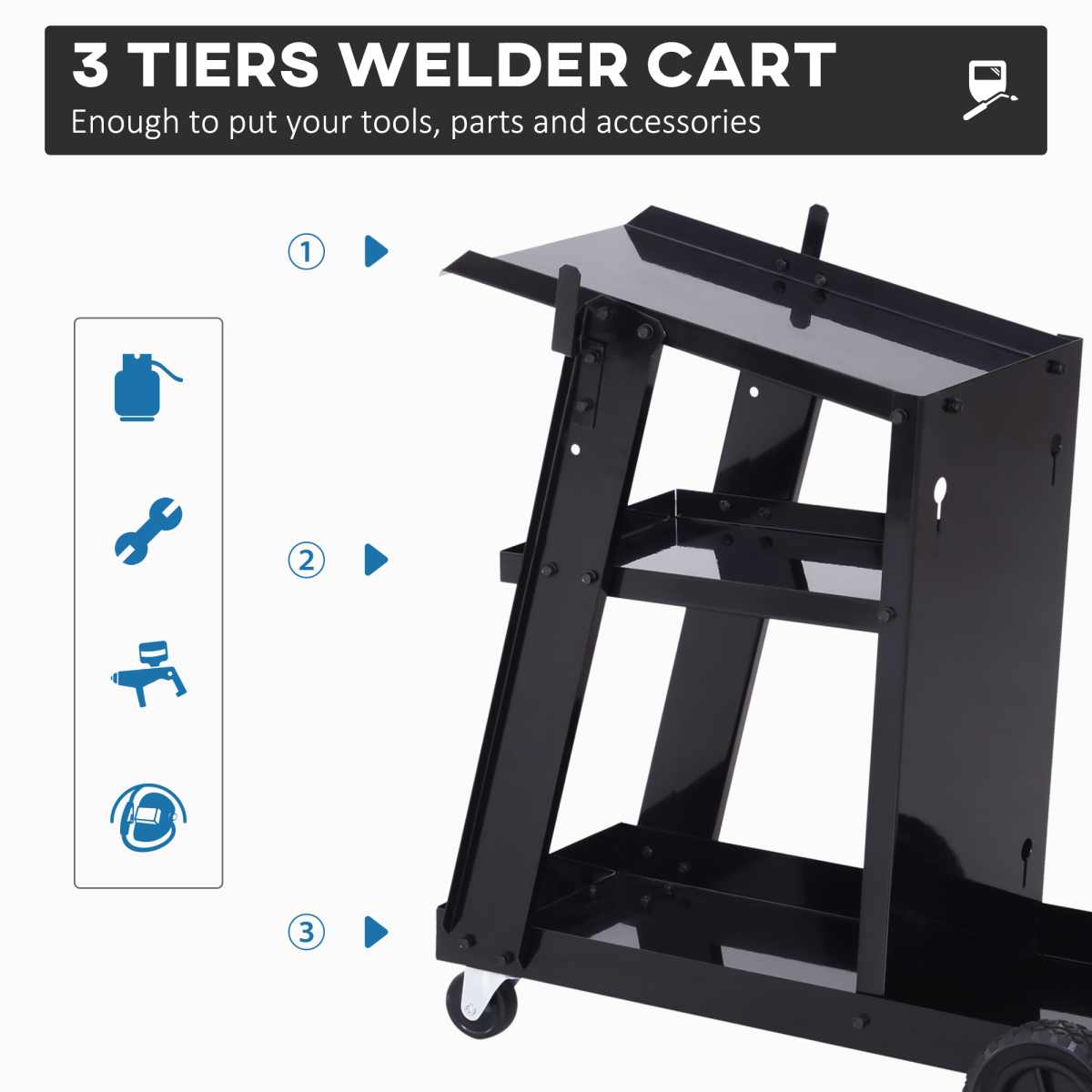 DURHAND Welding Cart Trolley with 3 Storage Trays, 2 Safety Chains, 4 Wheels, Slanted Top Shelf, 50kg Max Load