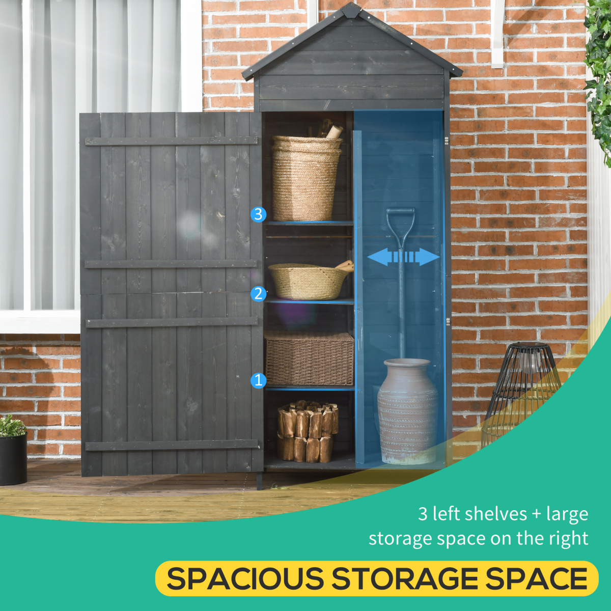 Outsunny Wooden Garden Storage Cabinet with 3 Shelves, Grey, Locking