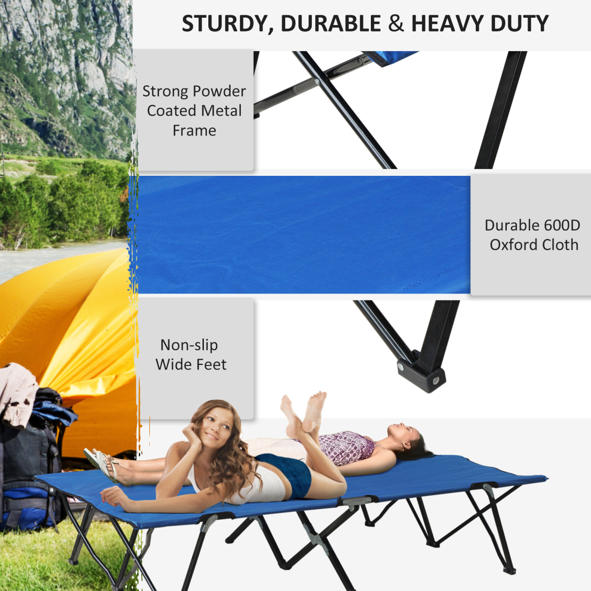 Double Folding Camping Cot, Portable Sunbed with Carry Bag, Blue