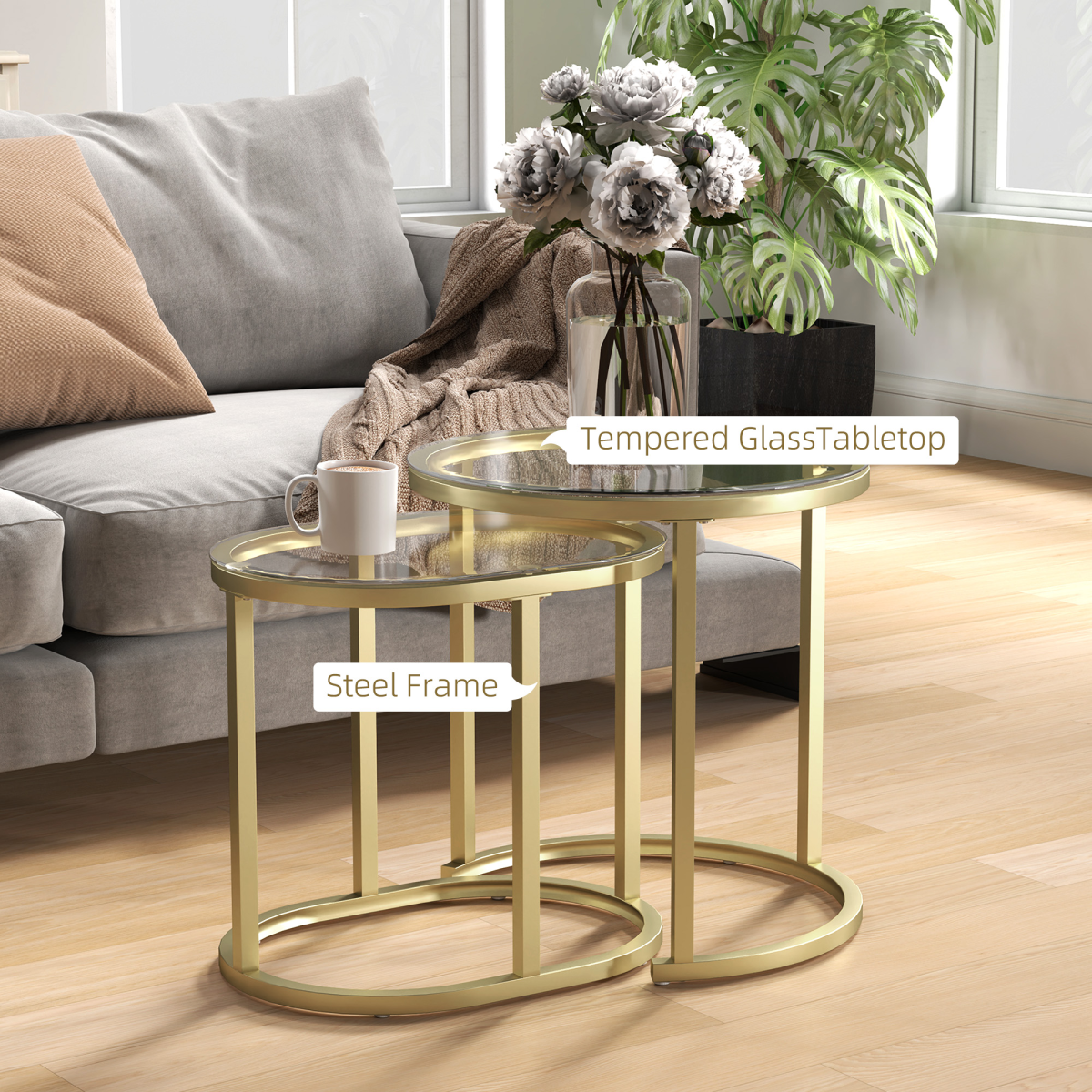 HOMCOM Set of 2 Tempered Glass Accent Tables with Gold Steel Frame
