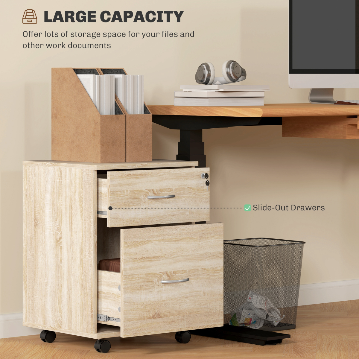 HOMCOM 2-Drawer Mobile Filing Cabinet with Lock, Oak Wood Grain