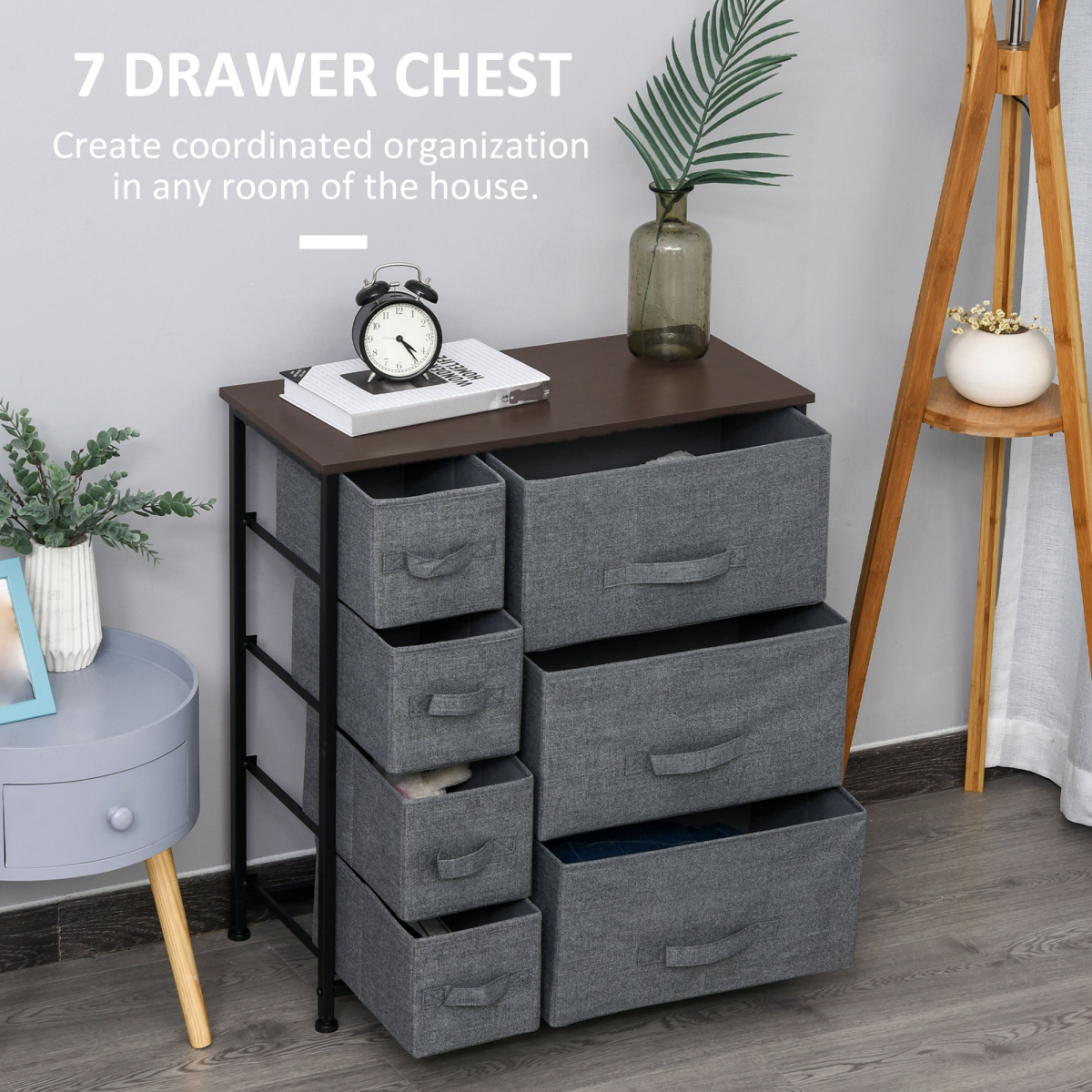 HOMCOM 7-Drawer Chest of Drawers with Fabric Storage, Dark Grey