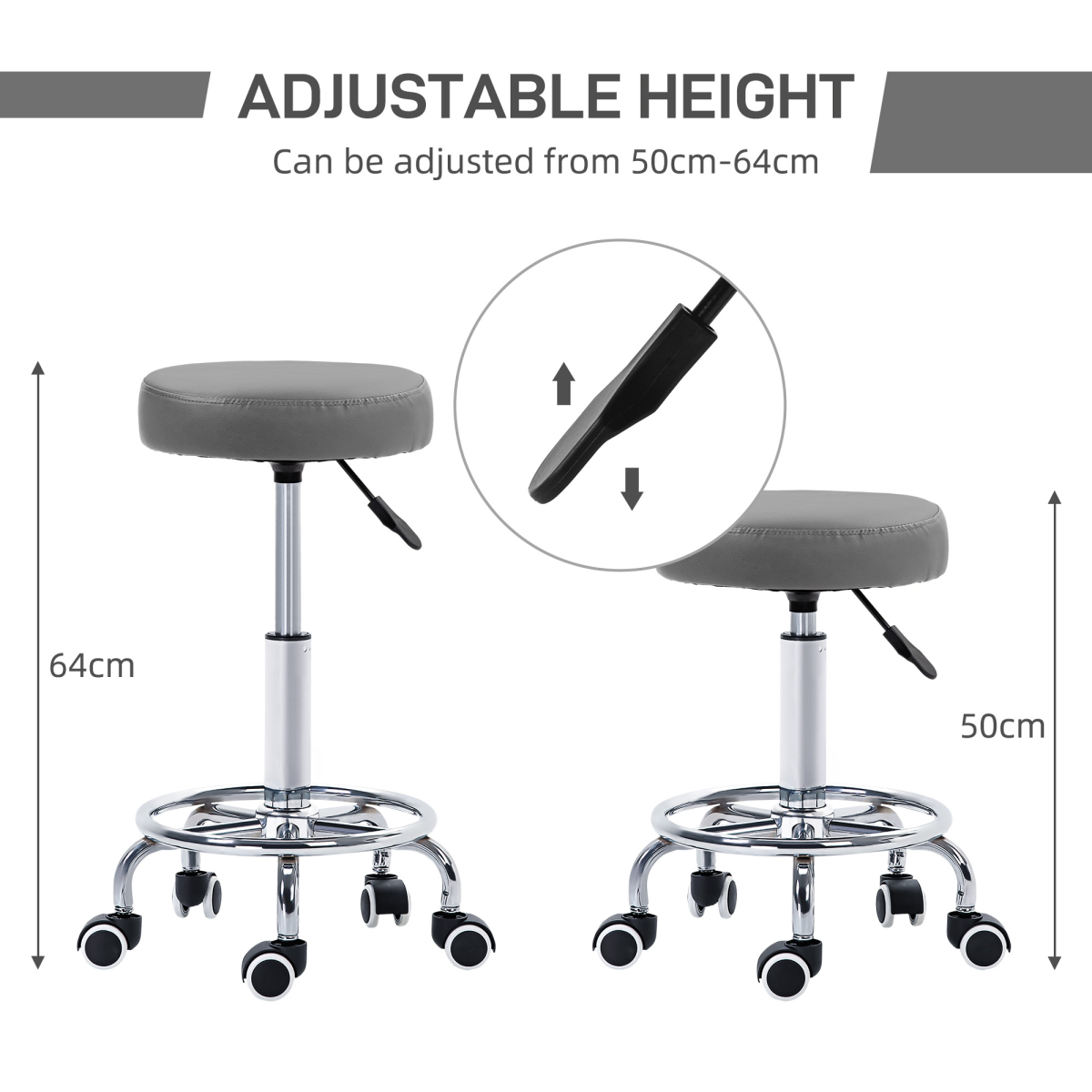 Vinsetto Round PU Leather Adjustable Salon Stool with Footrest, Grey