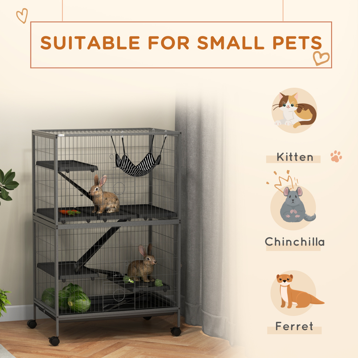 PawHut Multi-Level Small Animal Cage with Hammock, Tray & Wheels