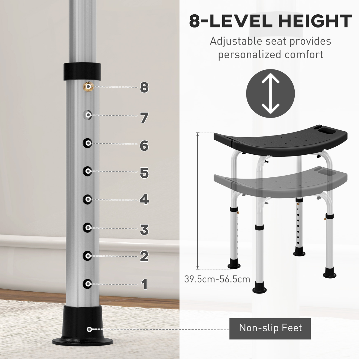 HOMCOM Adjustable Height Non-Slip Aluminium Shower Stool, Black