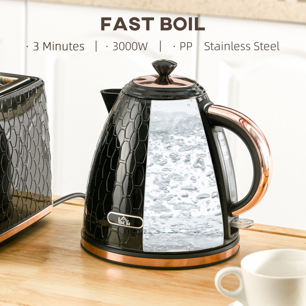 HOMCOM 1.7L 3000W Electric Kettle, Fast Boil, Auto Shut-Off, 360° Base