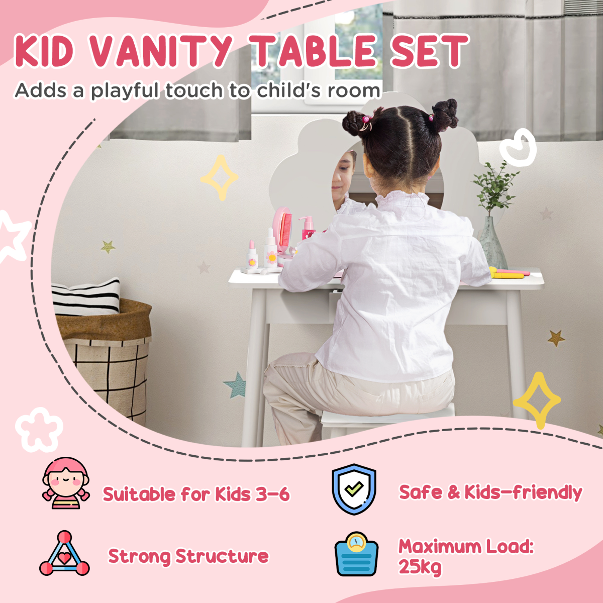 AIYAPLAY Kids Cloud Dressing Table Set with Mirror, Stool & Drawer
