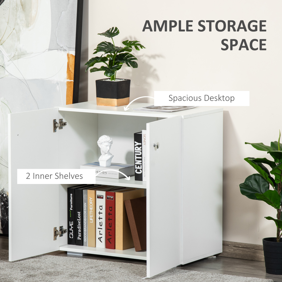 Freestanding Storage Cabinet with 2 Shelves, Wooden Sideboard, White