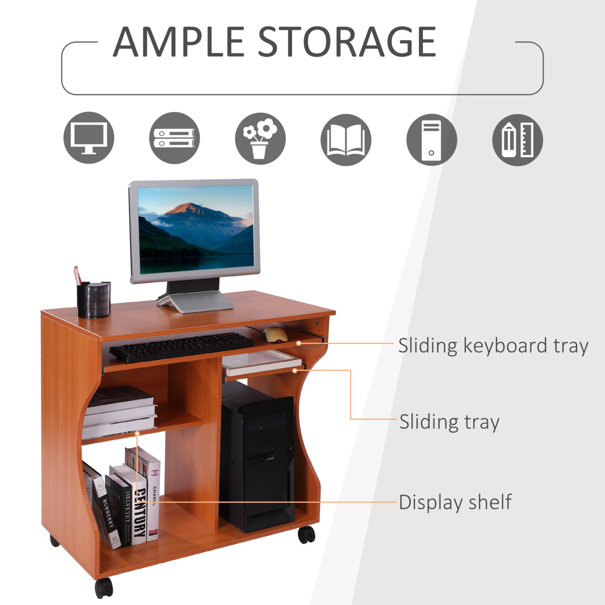 HOMCOM Computer Desk with Keyboard Tray, Storage Shelf, Wheels, Cherry Wood
