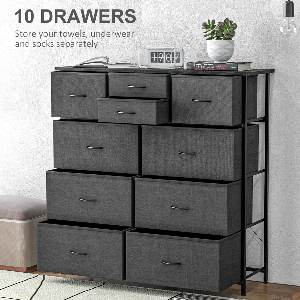 HOMCOM 10-Drawer Fabric Chest of Drawers, Black