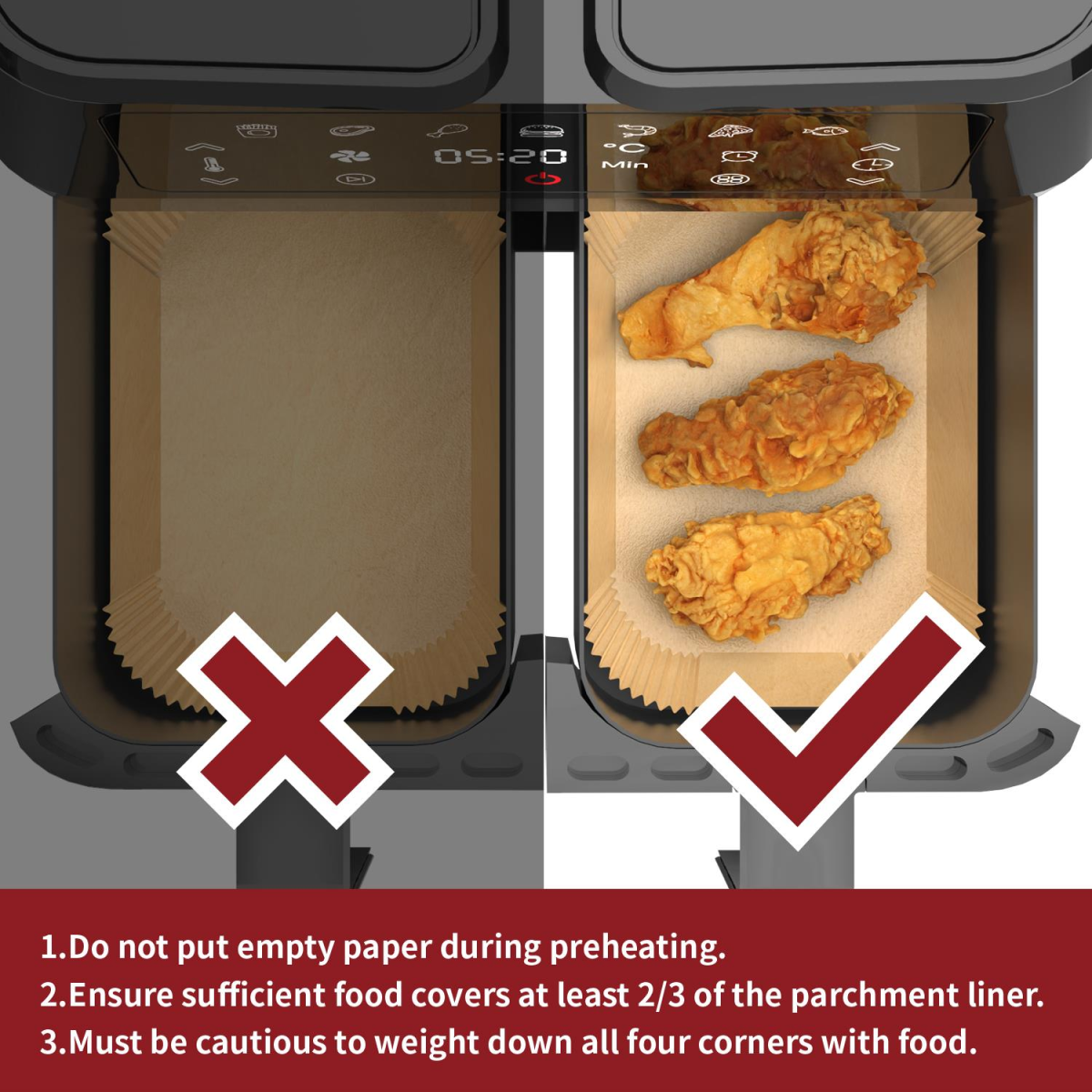 Vinsani 100 Pack Air Fryer Paper Liners, Non-Stick, Greaseproof, 21.8 x 14 cm, Wood Pulp with Silicone Coating