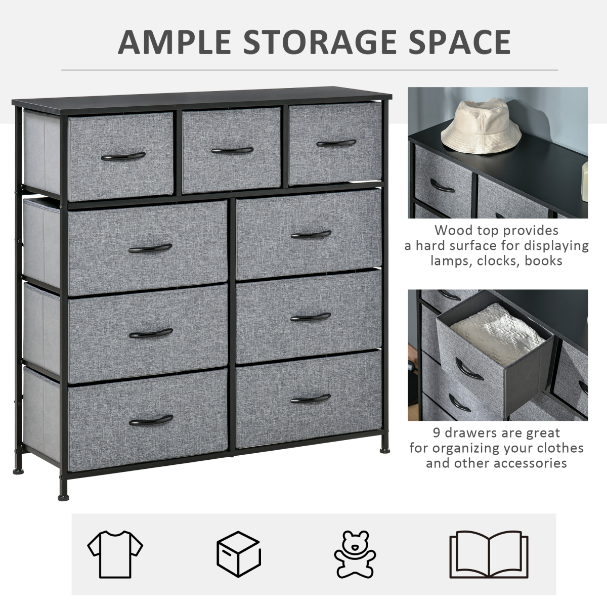 PawHut 9-Drawer Fabric Storage Dresser with Foldable Bins