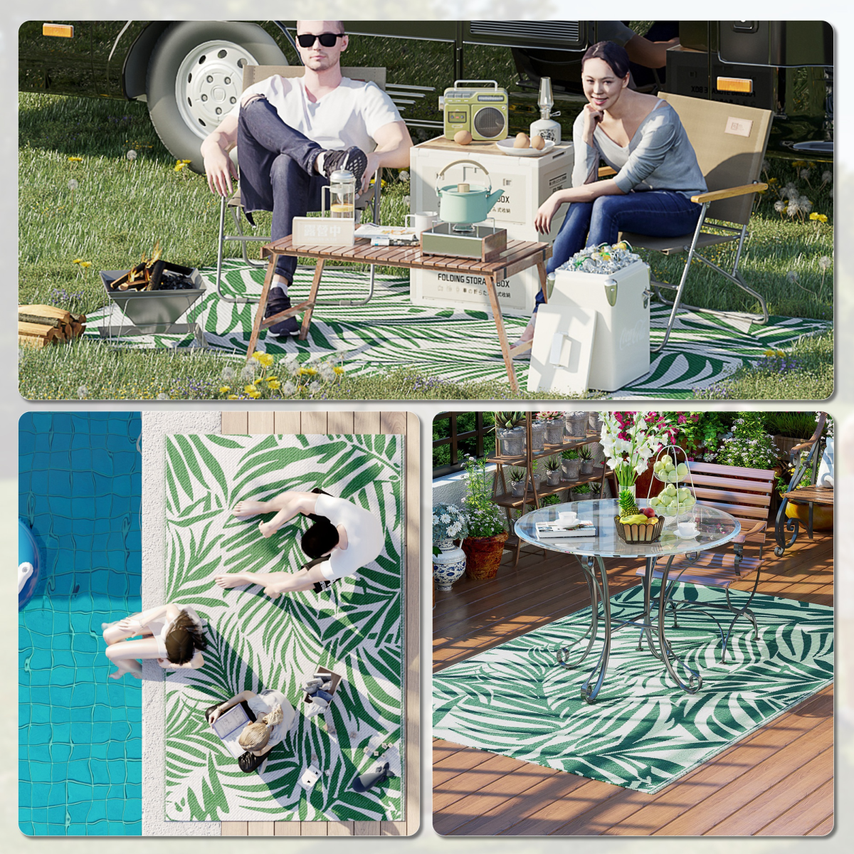 Outsunny Reversible Outdoor Rug 1.5 x 2.4m, Green & White
