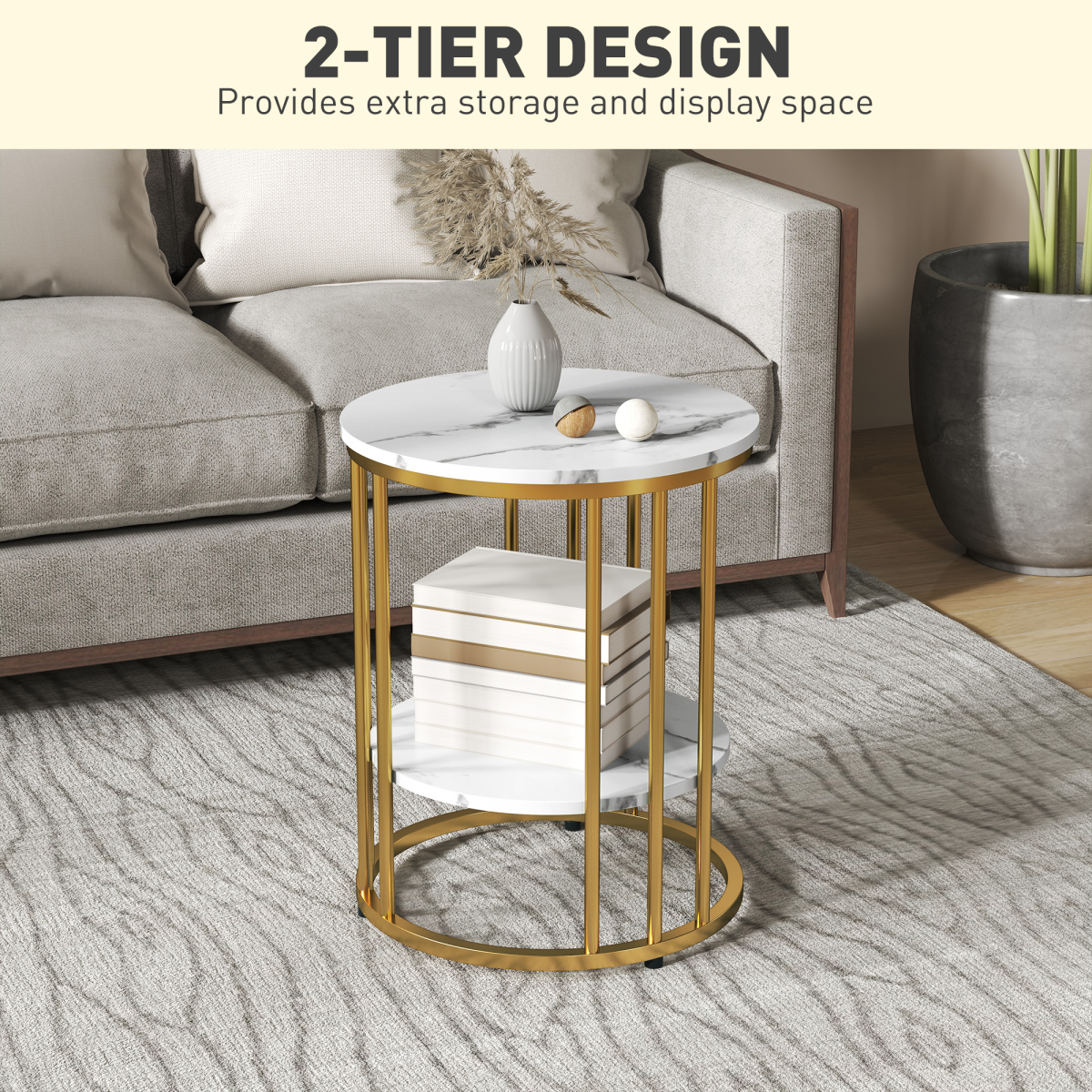 Set of 2 Marble-Effect Tables with Gold Tone Legs for Home & Office
