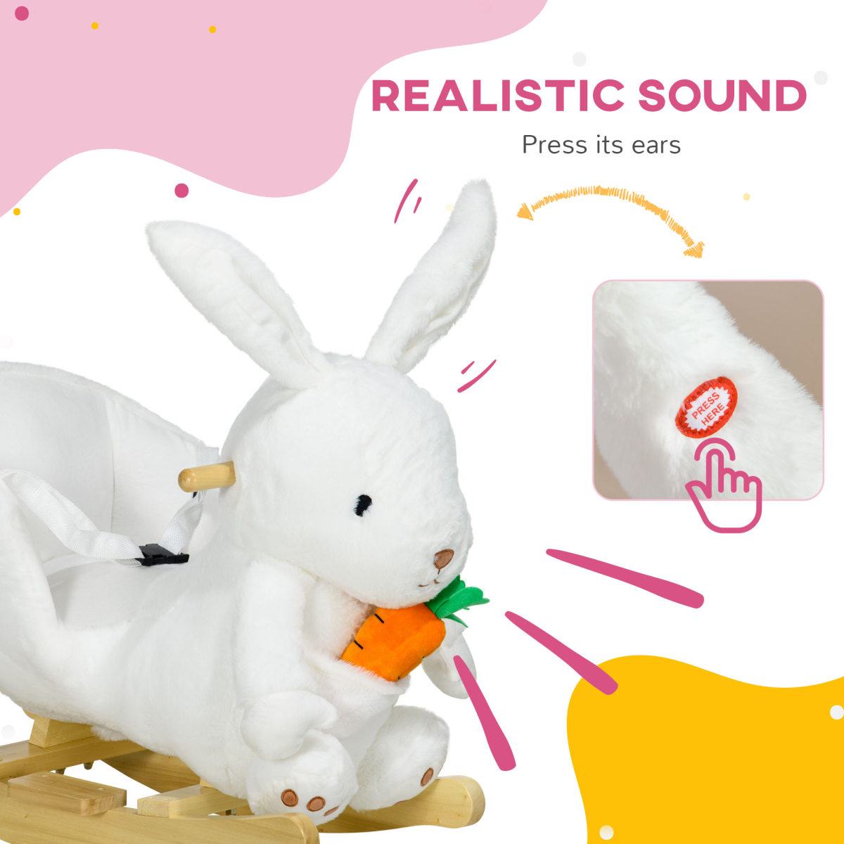 HOMCOM Kids Rabbit Rocking Horse with Sounds and Safety Belt, White