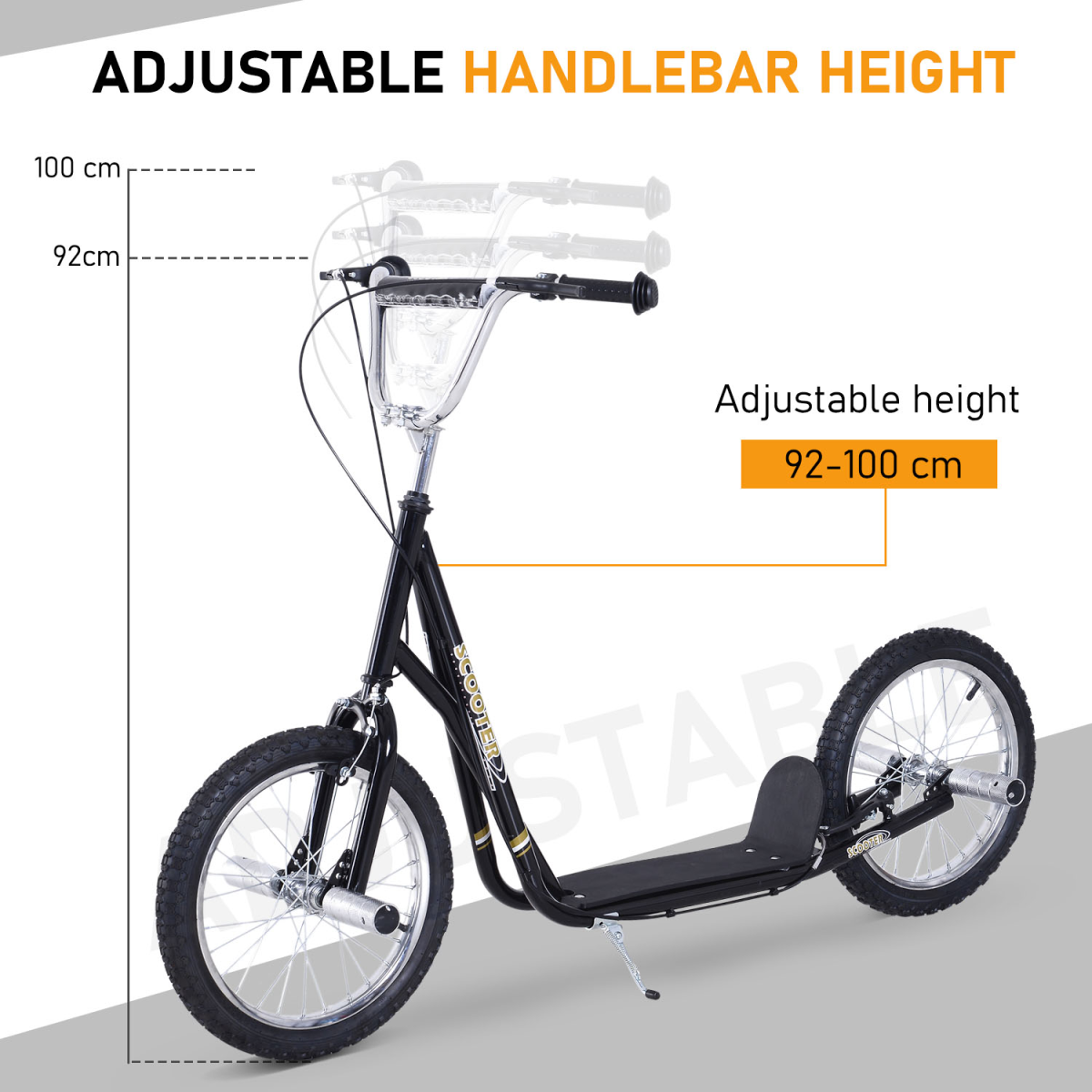 Children’s Stunt Scooter with 16" Wheels, Adjustable Height 92-100cm, Black