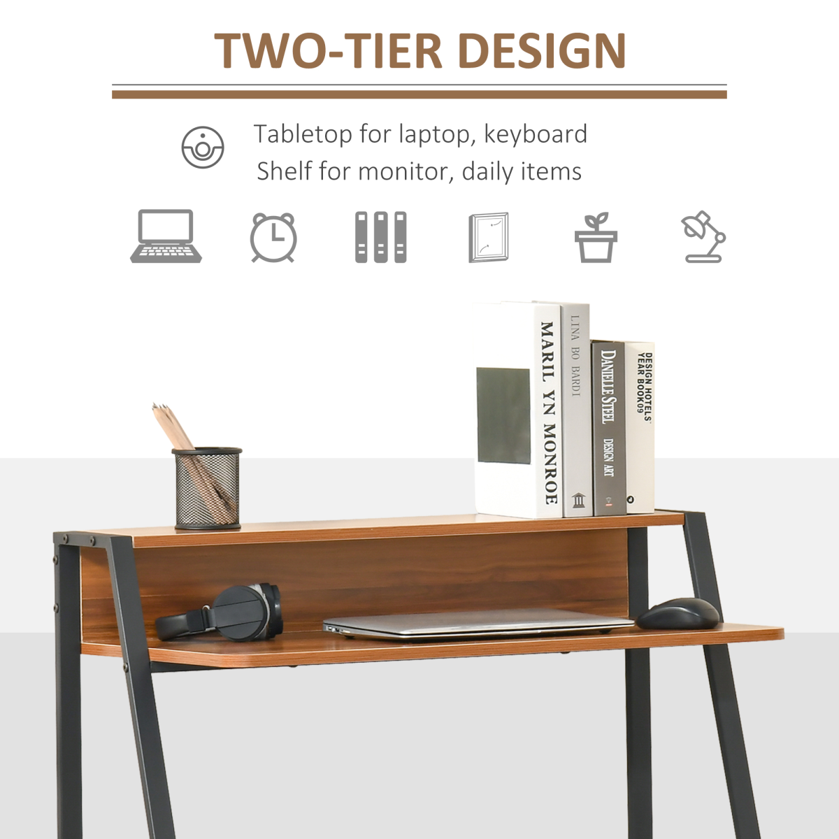 HOMCOM Computer Table, Two-Tier Table Top, Steel Frame, Walnut Colour, 84 x 45 x 85 cm