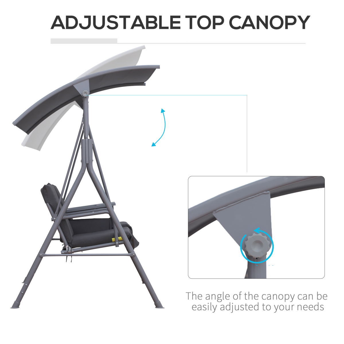 Outsunny Grey Steel Frame 2-Seater Swing Chair with Table and Cup Holders
