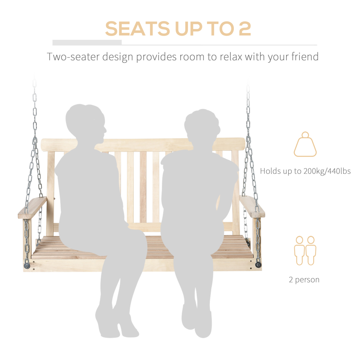 Outsunny 2-Person Wooden Porch Swing Chair with Hanging Chains
