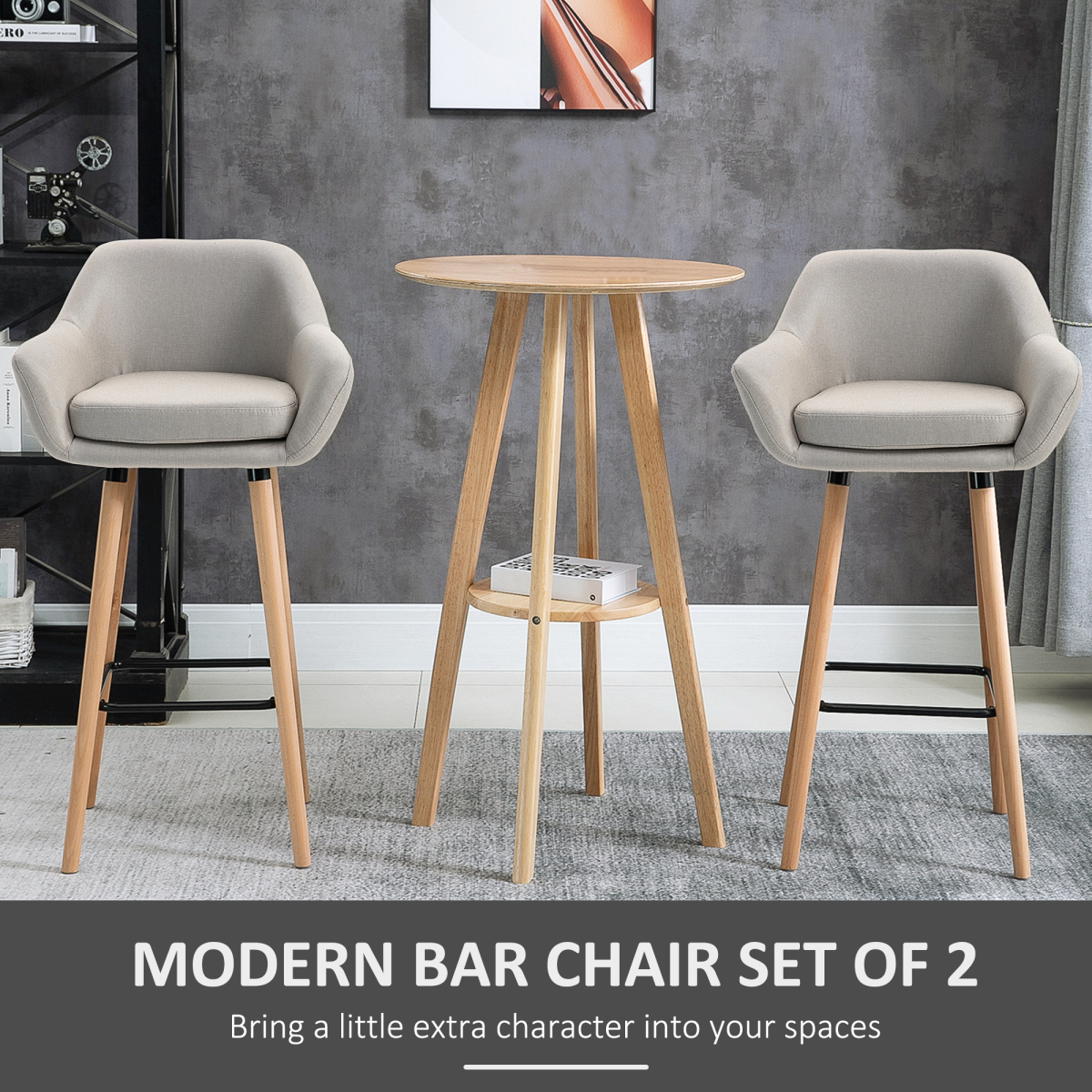 HOMCOM Set of 2 Modern Upholstered Bucket Bar Stools, Beige, Solid Wood Legs