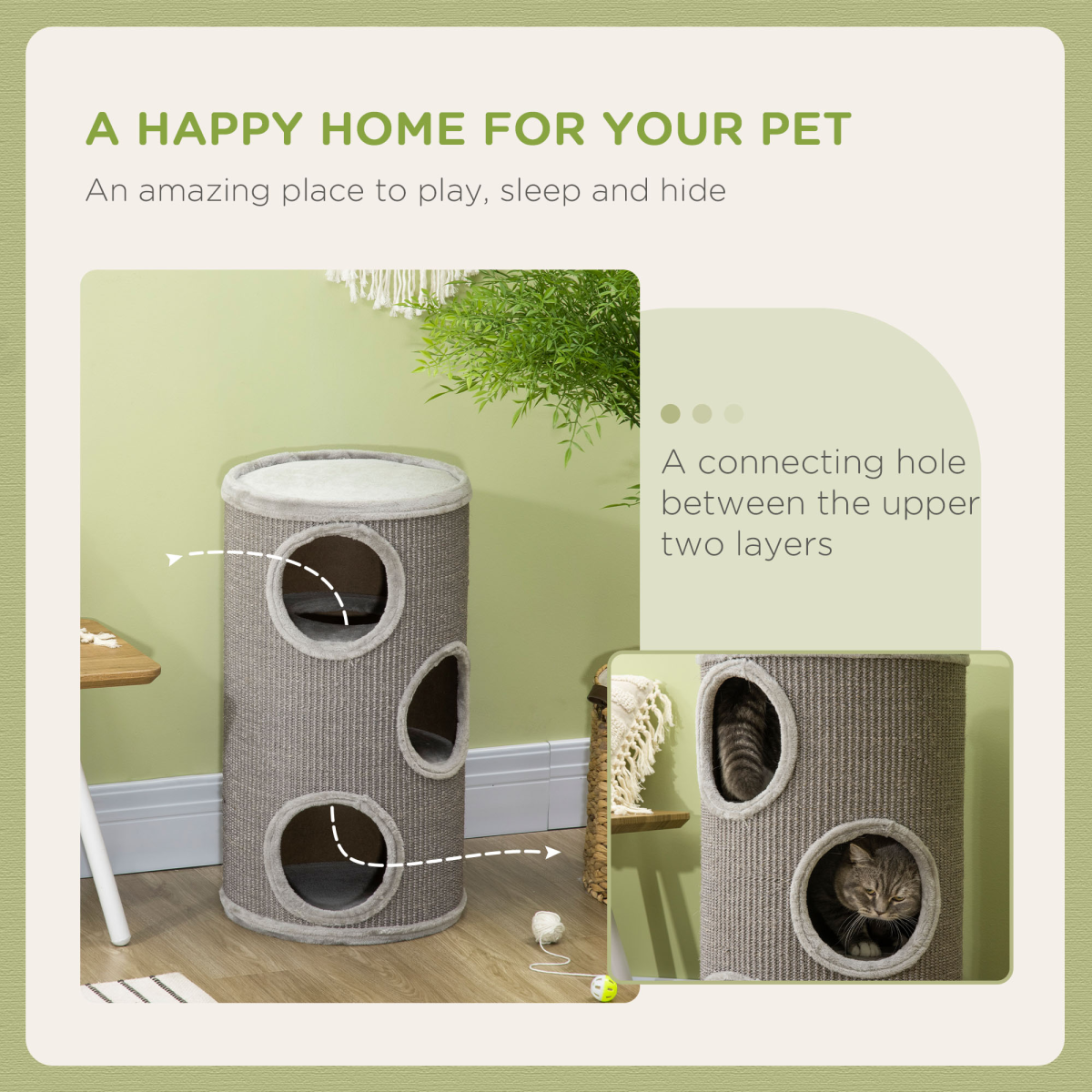 PawHut Light Grey Cat Barrel Tower with Sisal and Plush Platform
