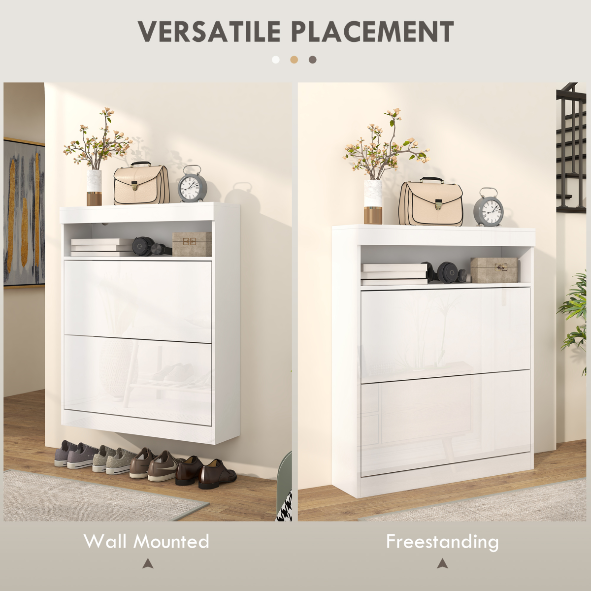 HOMCOM 2-Drawer Flip Shoe Cabinet, Wall Mounted or Freestanding, White