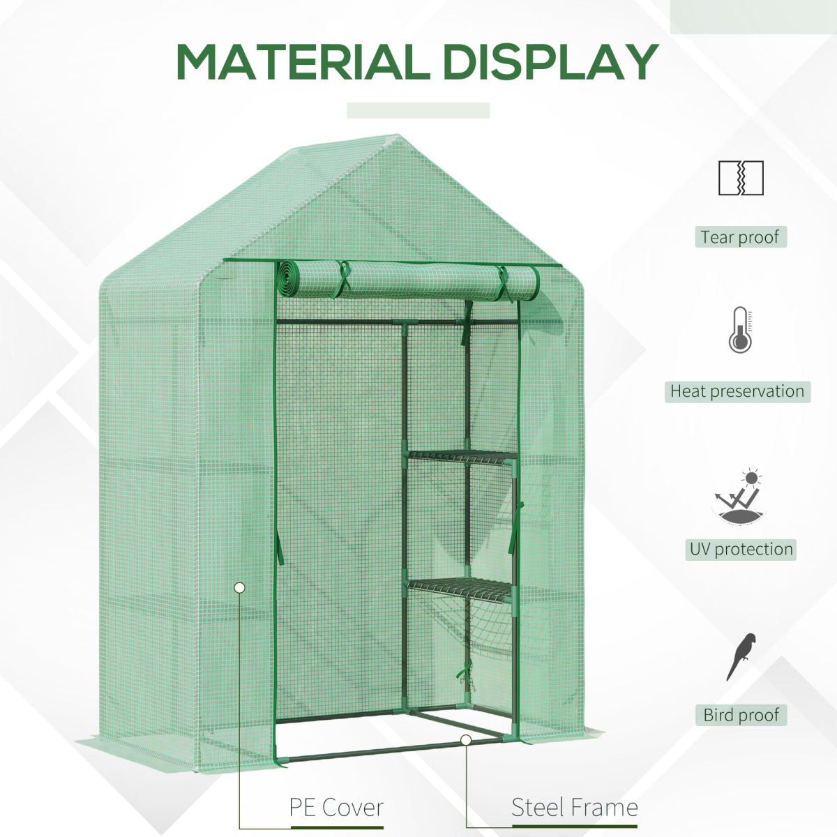 Outsunny Walk-In Greenhouse with 2-Tier Shelves, Roll-Up Zipper Door, PE Cover, 141 x 72 x 191 cm, Green