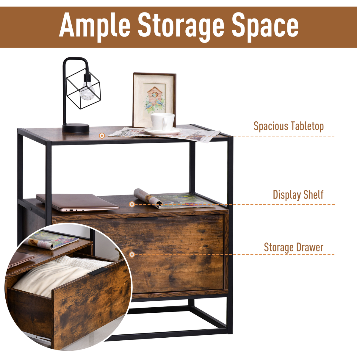 Industrial Style Side Table with Drawer and Open Shelf, Steel Frame Base, Chestnut Brown and Black