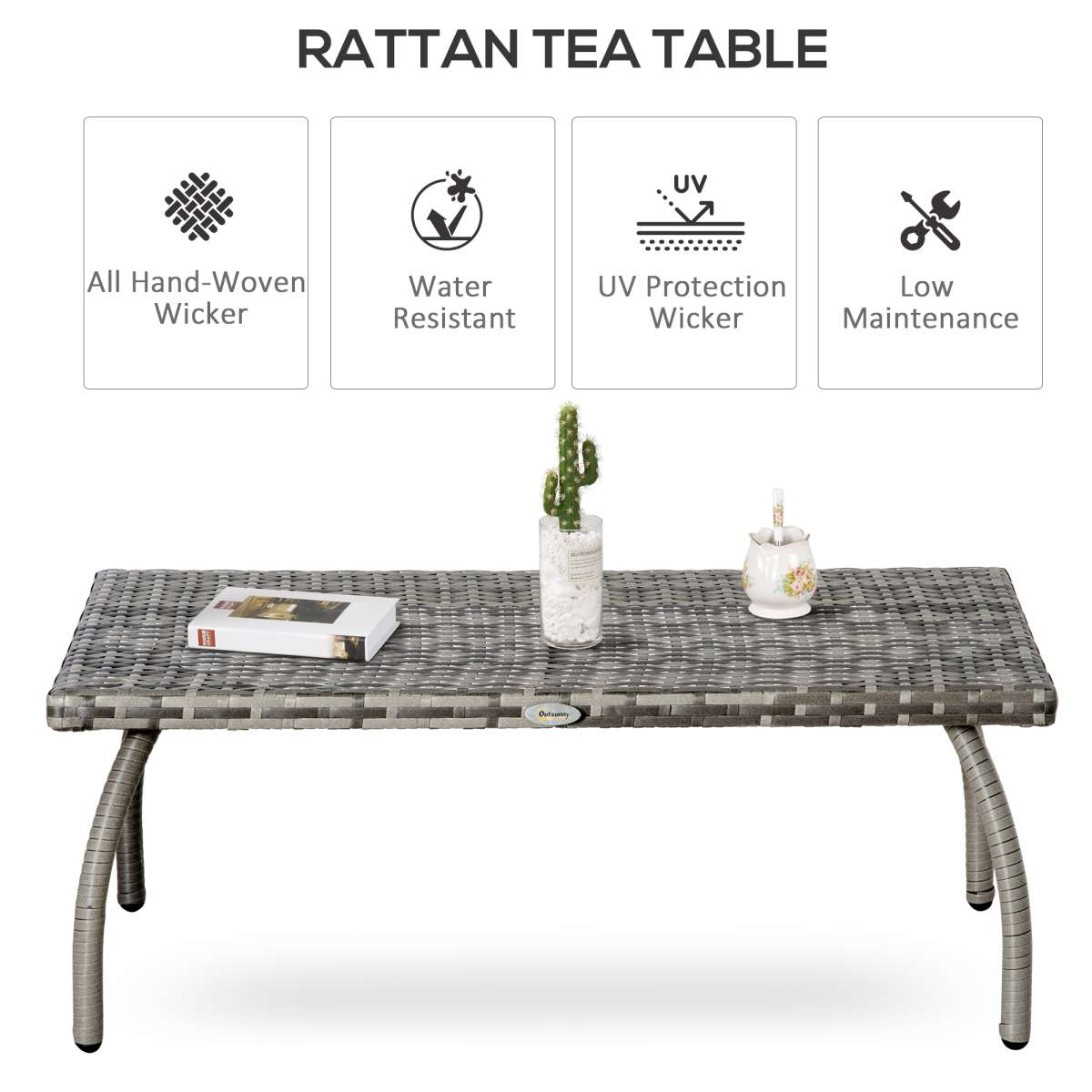 Outsunny Rattan Patio Coffee Table, All-Weather Grey Wicker Table for Home, Backyard, Garden and Porch