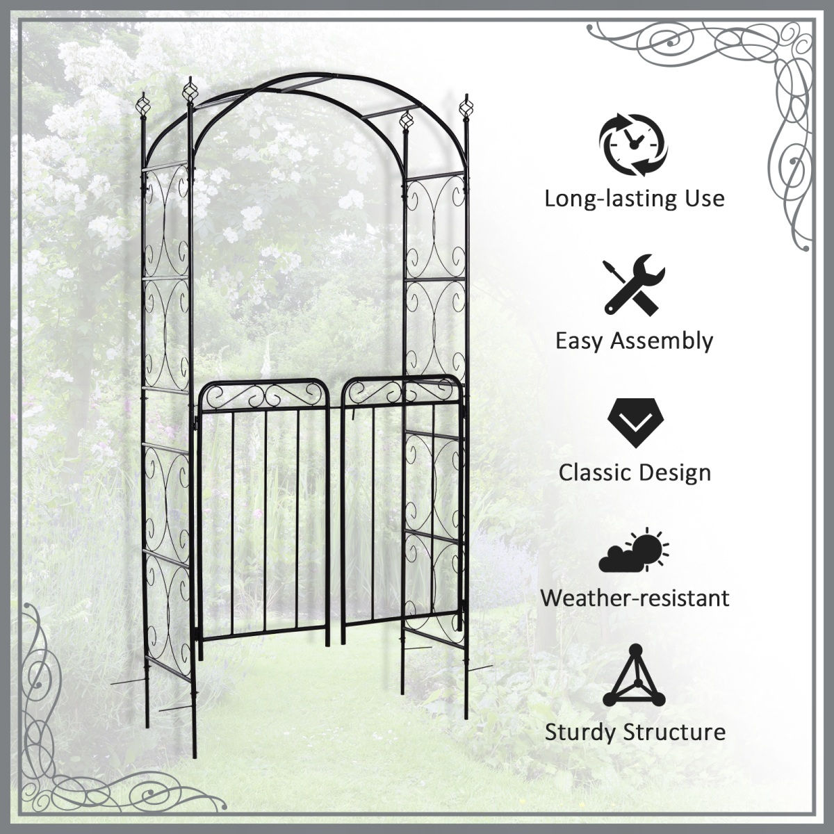 Decorative Metal Garden Arch Gate with Trellis for Climbing Plants