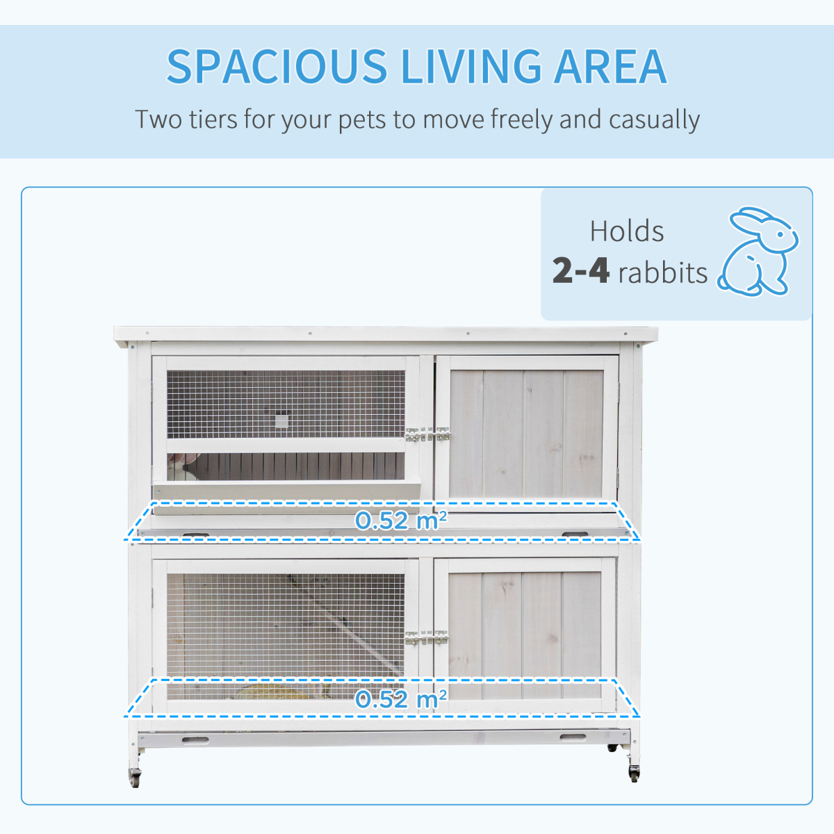 Two-Tier Wooden Rabbit Hutch with Wheels, Tray & Rain Cover
